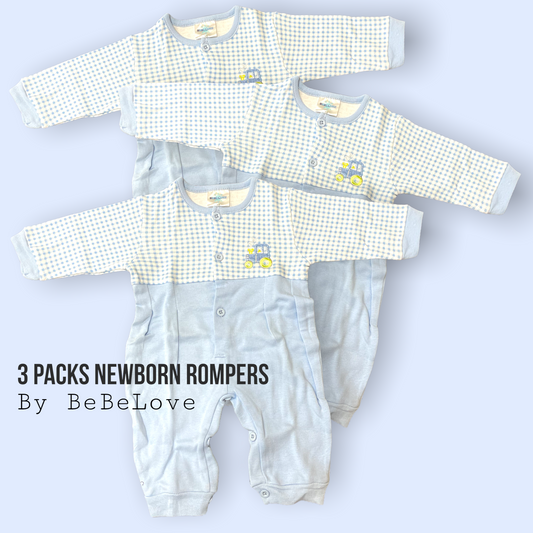 BeBeLove 3 pack Newborn Rompers Blue