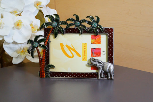 Vintage Palm Tree Elephant Rectangle Free Standing Desk Photo Frame  4"x6"