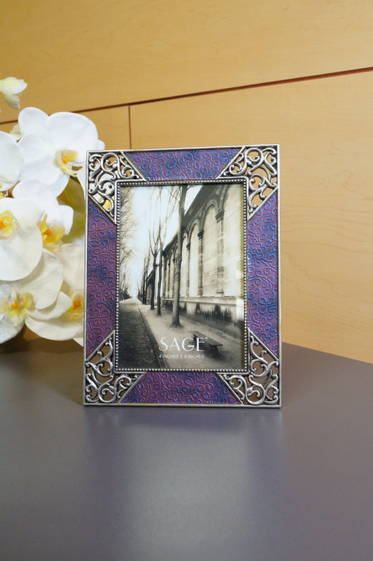 Vintage  Purple Silver Sage Rectangle Free Standing Desk Photo Frame    4"x6"