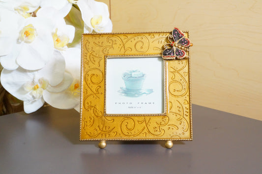 Vintage  Gold with Butterfly Square Free Standing Desk Photo Frame 3"x3"