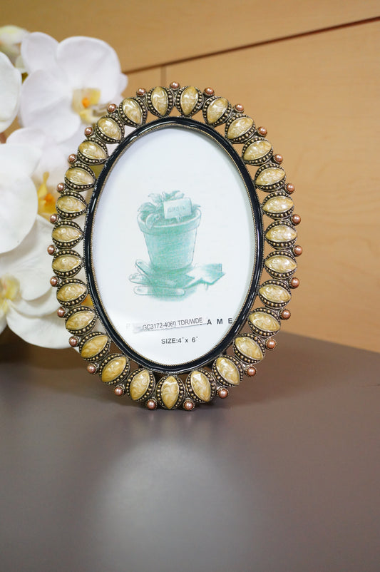 Vintage Oval Faux Pearl Marble Pattern Free Standing Desk Photo Frame 4"x6"