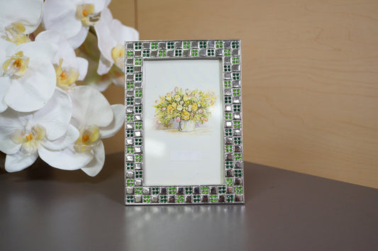 Vintage  Green Crystal Silver Rectangle Free Standing Desk Photo Frame 3"x4.75"
