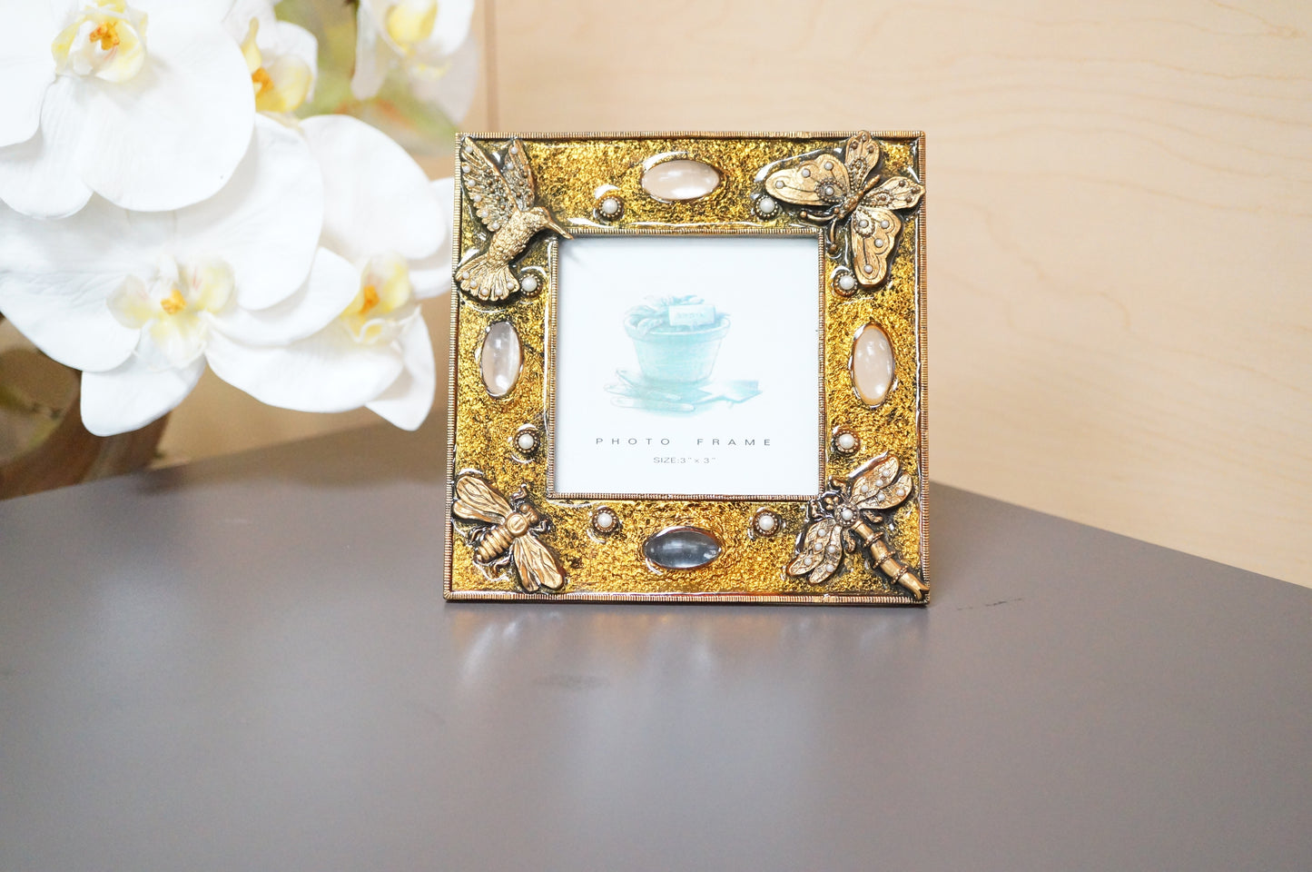 Vintage Gold Bronze Insect Design Square Free Standing Desk Photo Frame 3"x3"