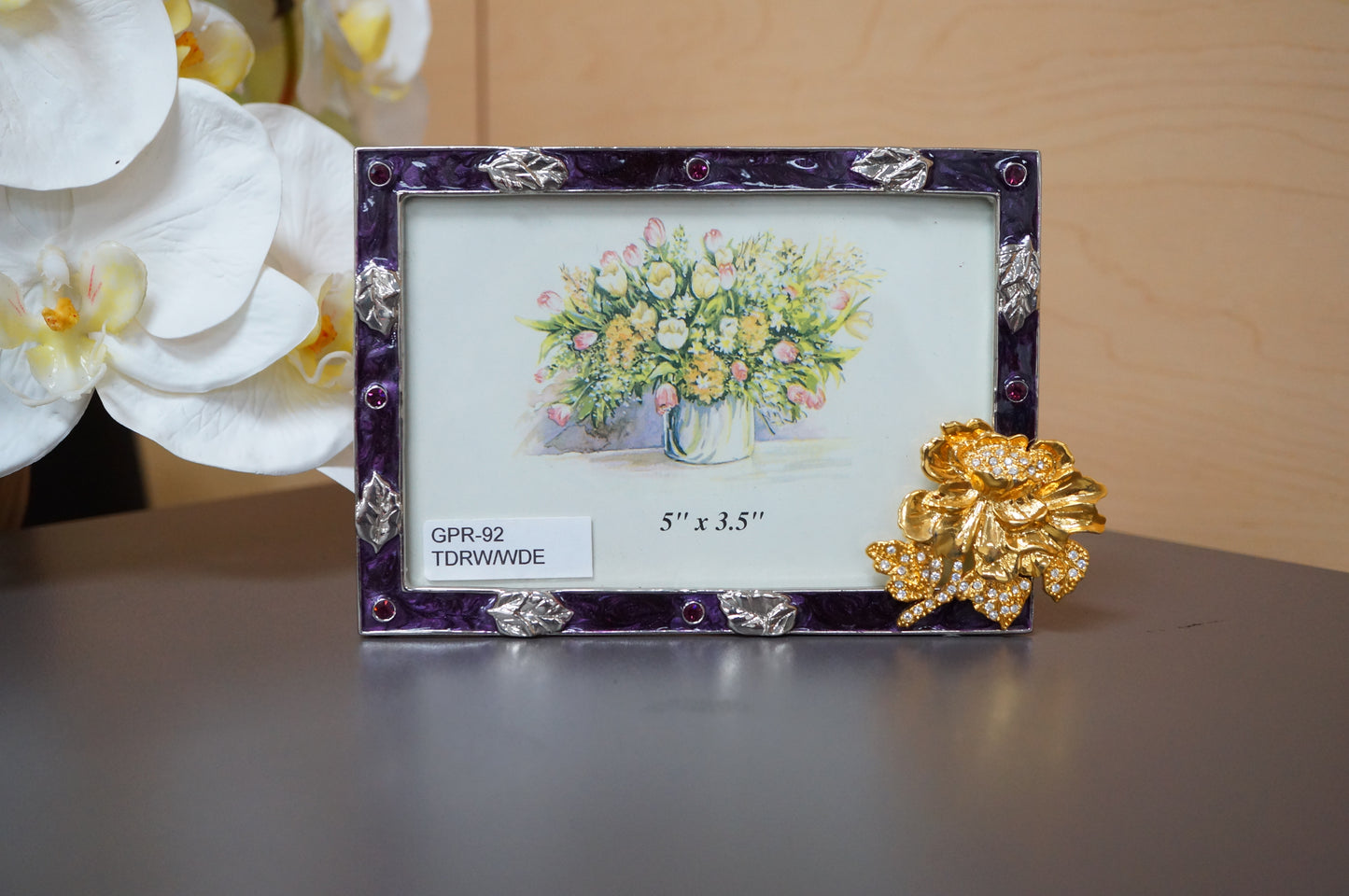 Vintage Purple Silver Leaves w/ Gold flower Design Desk Photo Frame 5"x3.5"