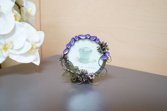 Vintage Butterfly Purple Jewel Stone Free Standing Desk Photo Frame 3"x3"